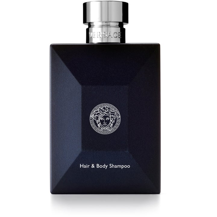 Versace Hair & Body Shampoo raikastava suihkugeeli tyylikkäässä tummansinisessä pullossa hopeisella Medusa-logolla