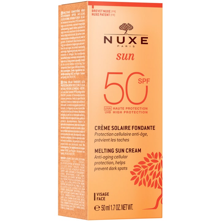 Nuxe Sun Melting Cream 50 ml SPF 50 aurinkovoide kasvoille oranssissa pakkauksessa ehkäisee läiskiä