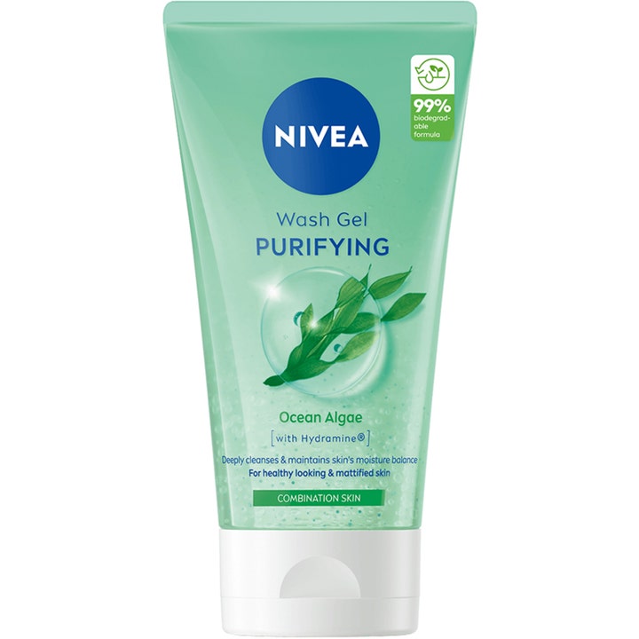 Nivea Wash Gel Purifying 150 ml syväpuhdistava puhdistusgeeli sekaiholle merilevää sisältävässä vihreässä tuubissa.