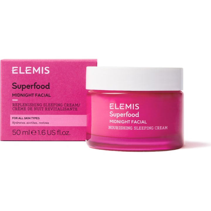 Elemis Superfood Midnight Facial 50 ml kosteuttava yönaamio pinkissä lasipurkissa ja pahvipakkauksessa.