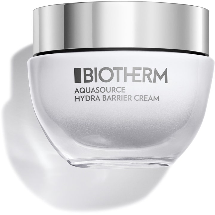 Biotherm Aquasource Hydra Barrier Cream 50 ml kosteuttava kasvovoide hopeakantisessa kirkkaassa lasipurkissa vahvistaa ihoa.