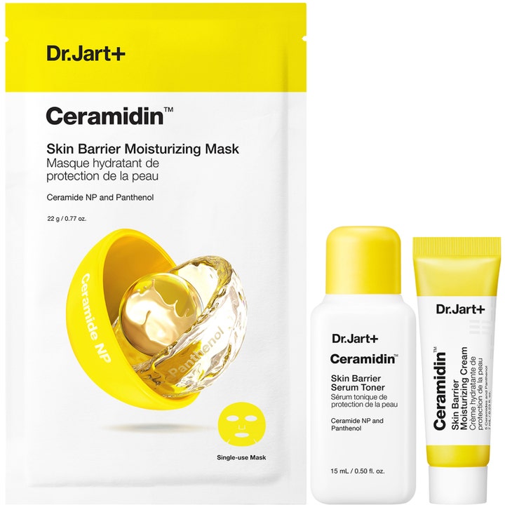 Dr.Jart+ Ceramidin Hello Moisture Travel Set 22 ml kosteuttava ihonhoitosetti sisältää kangasmaskin, seerumin ja voiteen.