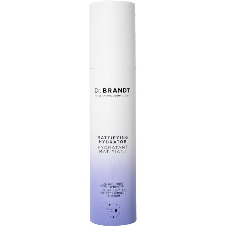 Dr. Brandt Mattifying Hydrator ihohuokosia supistava geeli valkoisessa ja liilassa liukuvärjätyssä pakkauksessa.
