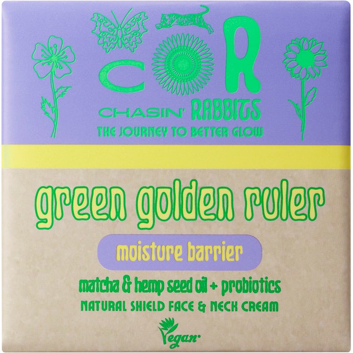 Chasin' Rabbits Green Golden Ruler 100 ml kasvovoide pahvipakkauksessa, jossa on vihreää ja violettia grafiikkaa.