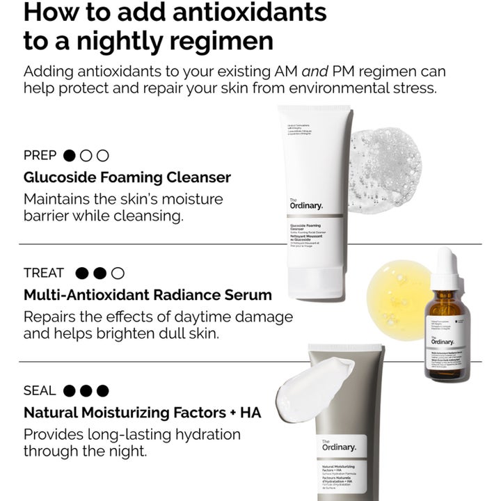 The Ordinary Multi-Antioxidant Radiance Serum 30 ml kirkastava seerumi ja iltarutiinin muut tuotteet
