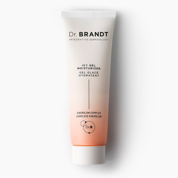 Dr. Brandt Icy Gel Moisturizer heleyttävä kasvovoide valko-persikkaisessa liukuvärjätyssä tuubissa.