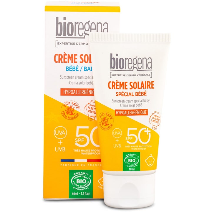 Bioregena Sunscreen Baby SPF50 40 ml suojavoide keltaisessa tuubissa ja pakkauksessa antaa korkean UV-suojan.