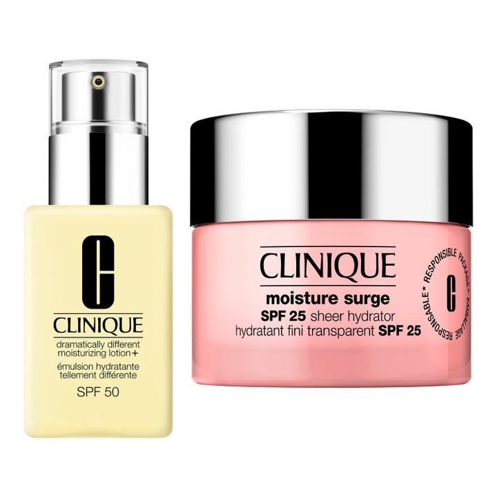 Clinique Dramatically Different ja Moisture Surge SPF kosteusvoiteet keltaisessa pullossa ja vaaleanpunaisessa purkissa