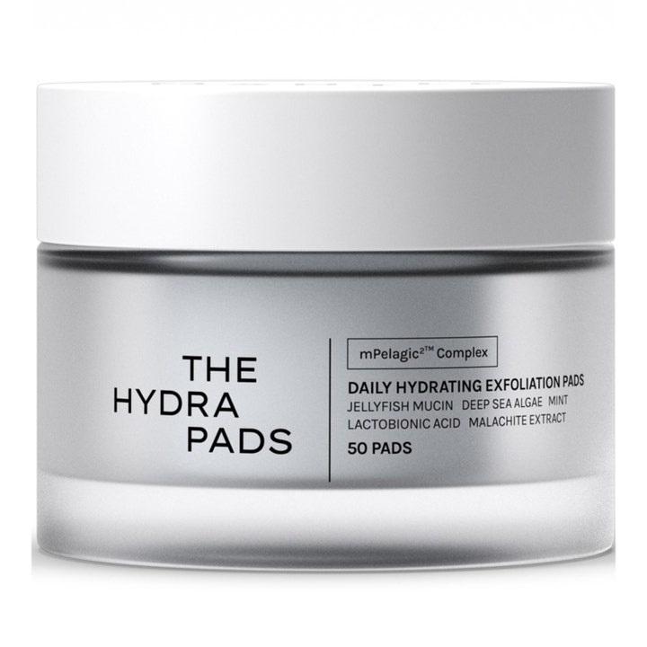 The Hydra Pads 50 kpl kosteuttavat kuorintalaput huurteisessa lasipurkissa valkoisella kannella