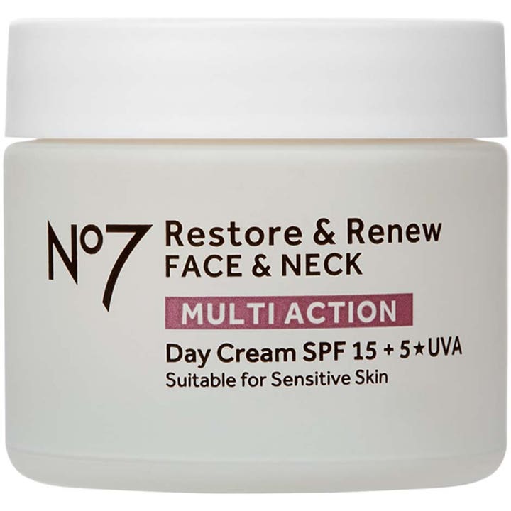 No7 Restore & Renew Multi Action 50 ml päivävoide kasvoille ja kaulalle valkoisessa purkissa.