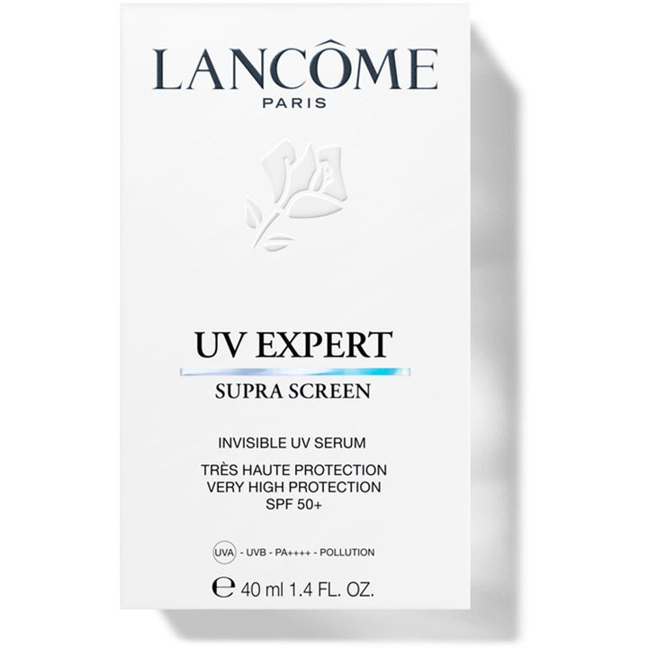 Lancôme UV Expert Supra Screen SPF50 40 ml aurinkovoide valkoisessa pahvipakkauksessa suojaa ihoa.