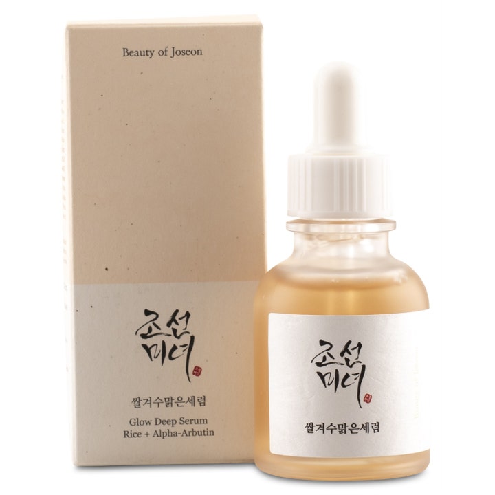 Beauty of Joseon Glow Deep Serum Rice + Alpha-Arbutin 30 ml kirkastava seerumi huurretussa lasipullossa ja vaalea pakkaus