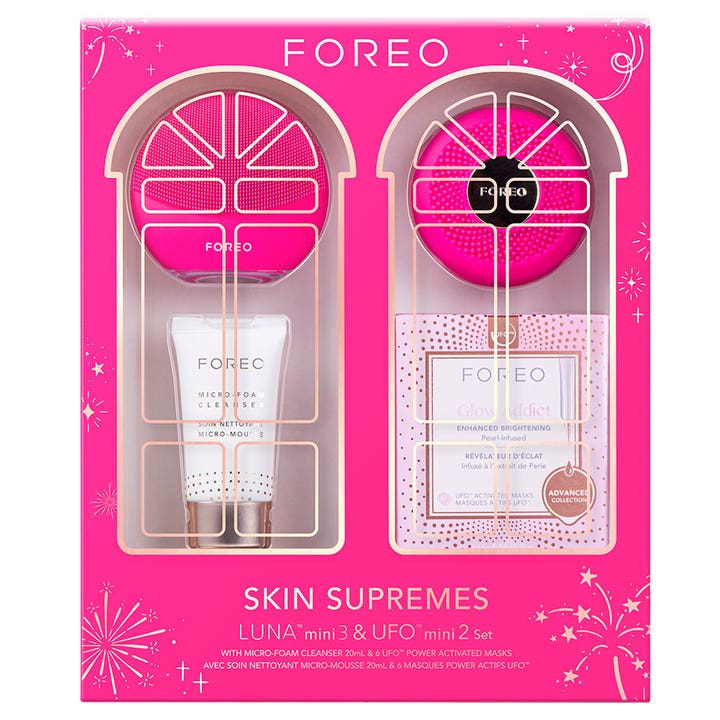 Foreo Skin Supremes LUNA mini 3 & UFO mini 2 Set 4 osaa heleyttävä ihonhoitosetti pinkissä lahjapakkauksessa laitteilla