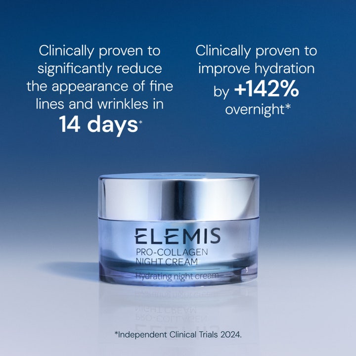 Elemis Pro-Collagen Night Cream 50 ml silottava nattkräm ja kliiniset tulokset sinisellä taustalla.