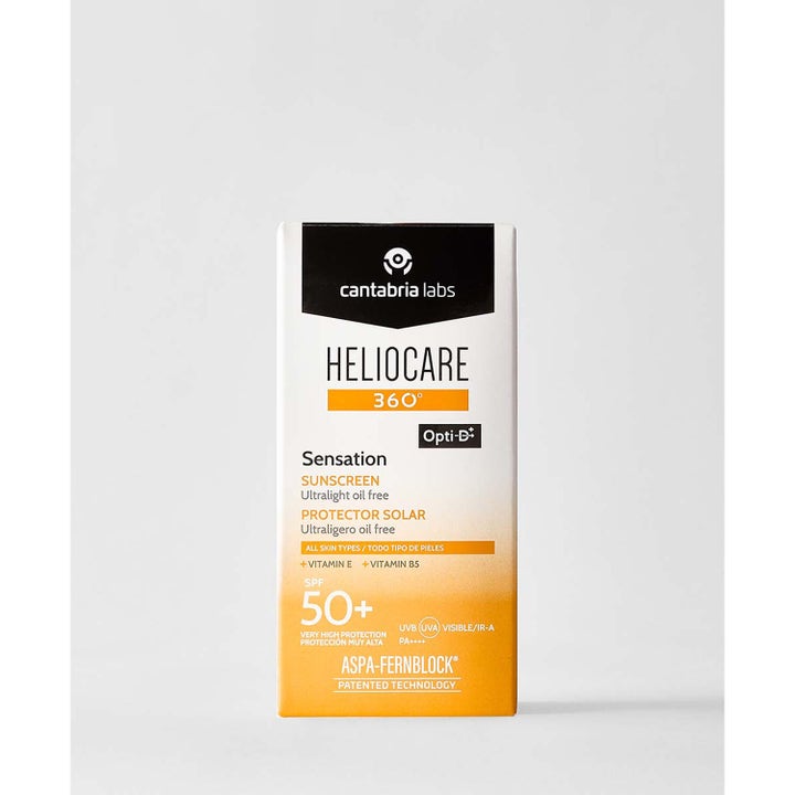 Heliocare Sensation SPF 50+ 50 ml aurinkovoide kasvoille oranssivalkoisessa pahvipakkauksessa sisältää E-vitamiinia.