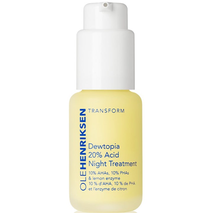 Ole Henriksen Dewtopia 20% Acid Night Treatment kirkastava yöhoito keltaisessa huurteisessa pullossa valkoisella pumpulla