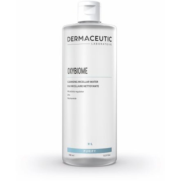 Dermaceutic Oxybiome 400 ml puhdistava misellivesi sisältää sinkkiä ja niasiiniamidia kirkkaassa pullossa.