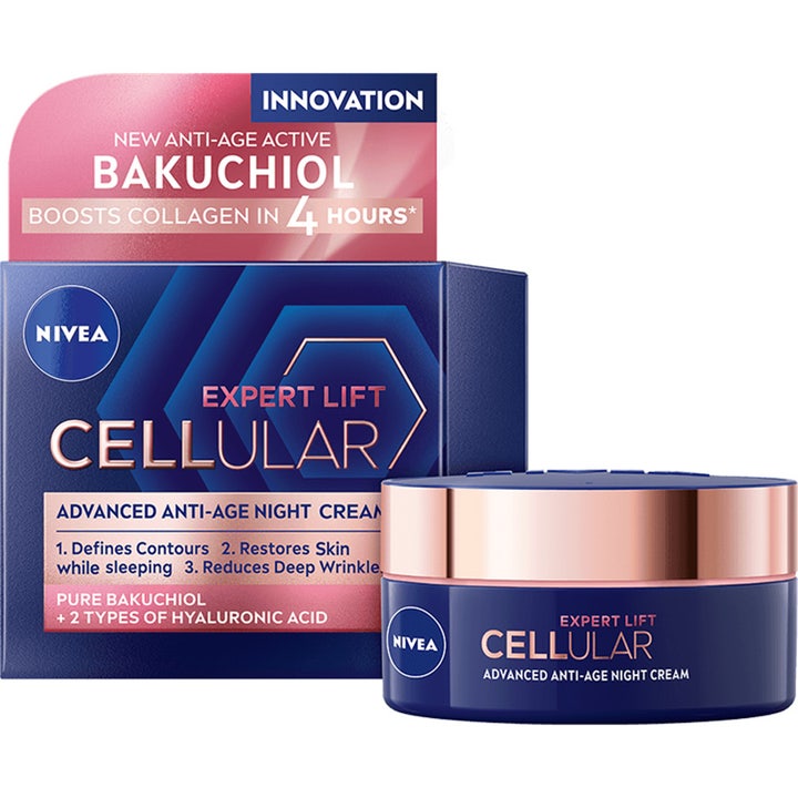 NIVEA Expert Lift Cellular 50 ml kiinteyttävä yövoide bakuchiolilla tummansinisessä purkissa ruusukultaisella korkilla