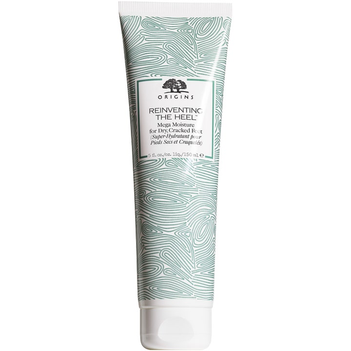 Origins Reinventing The Heel 150 ml kosteuttava jalkavoide kuiville jaloille valkoisessa vihreäkuvioisessa tuubissa.