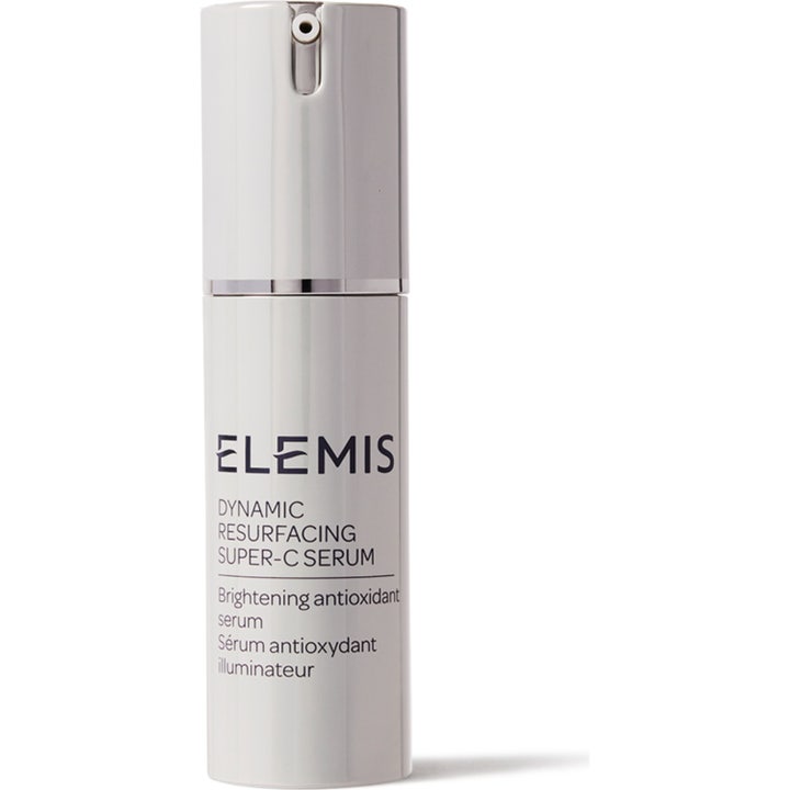 Elemis Dynamic Resurfacing Super-C Serum 30 ml kirkastava seerumi valkoisessa pumppupullossa hopeisilla yksityiskohdilla.
