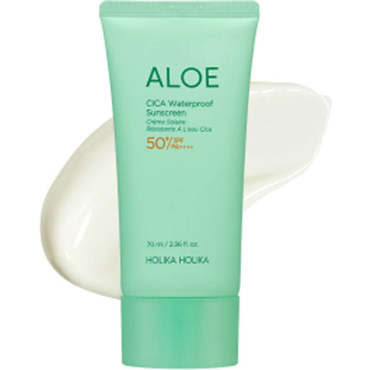 Holika Holika Aloe Cica Waterproof Sunscreen 70 ml aurinkovoide ja valkoinen voidekoostumus vaaleanvihreässä tuubissa