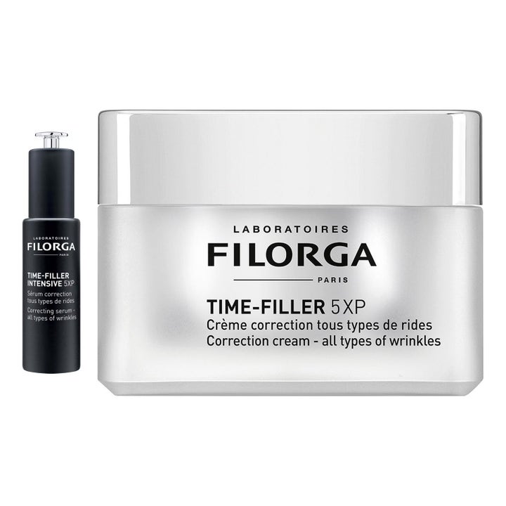 Filorga Time Filler ja Intensive ryppyjä silottava kasvovoide ja seerumi valkoisessa purkissa ja pipettipullossa