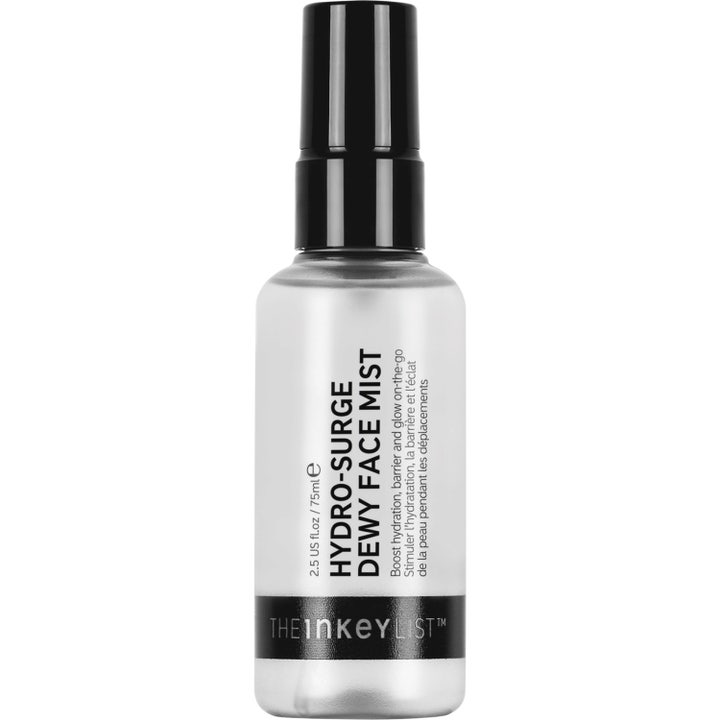The Inkey List Hydro-Surge Dewy Face Mist 75 ml kosteuttava kasvosuihke huurteisessa pullossa mustalla korkilla.