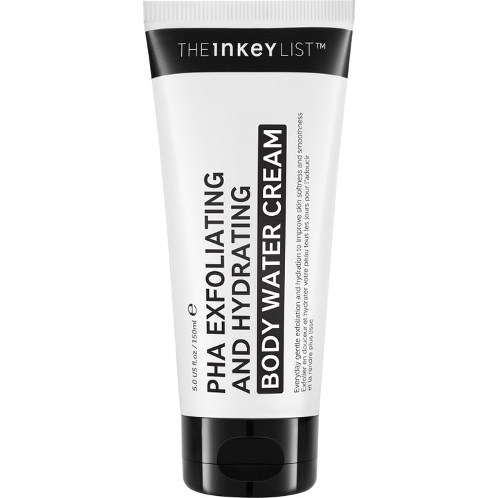 The Inkey List PHA Exfoliating and Hydrating Body Water Cream 150 ml silottava vartalovoide valkoisessa tuubissa