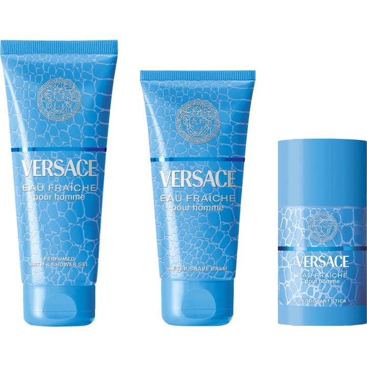 Versace Eau Fraiche After Shave Balm 75 ml rauhoittava after shave vaaleansinisissä mosaiikkikuvioisissa pakkauksissa.