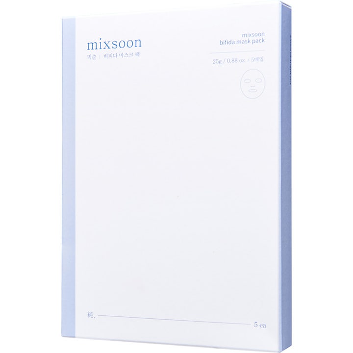 Mixsoon Bifida Mask Pack 5 kpl vahvistava kangasnaamio valkoisessa pakkauksessa vaaleansinisillä yksityiskohdilla.