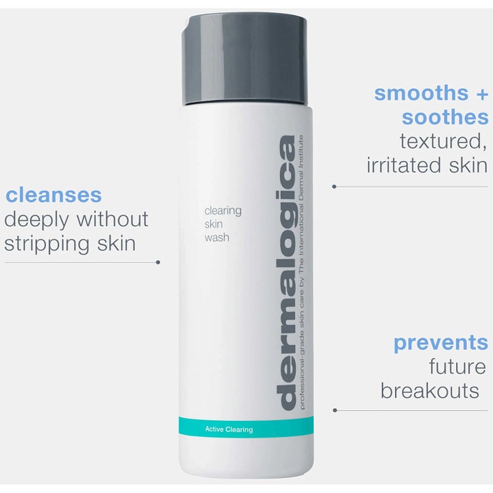 Dermalogica Clearing Skin Wash 250 ml puhdistusgeeli valkoisessa pullossa rauhoittaa ihoa ja puhdistaa ihohuokoset syvältä
