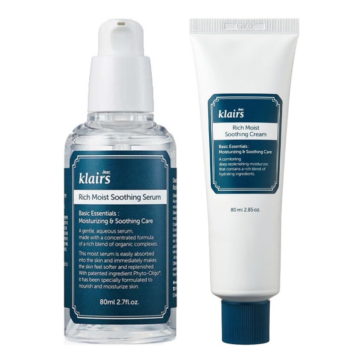 Klairs Rich Moist Soothing Cream ja Serum 80 ml rauhoittava setti valkoisessa tuubissa ja kirkkaassa pumppupullossa.
