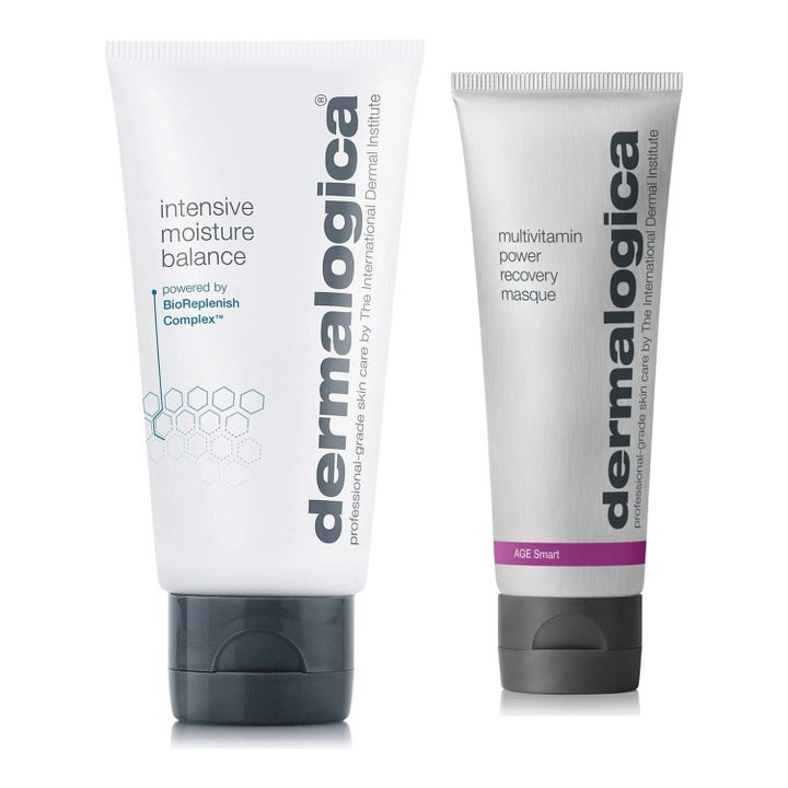 Dermalogica Intensive Moisture Balance ja Multivitamin Power Recovery Masque 75 ml kosteuttava duo valkoisissa tuubeissa.
