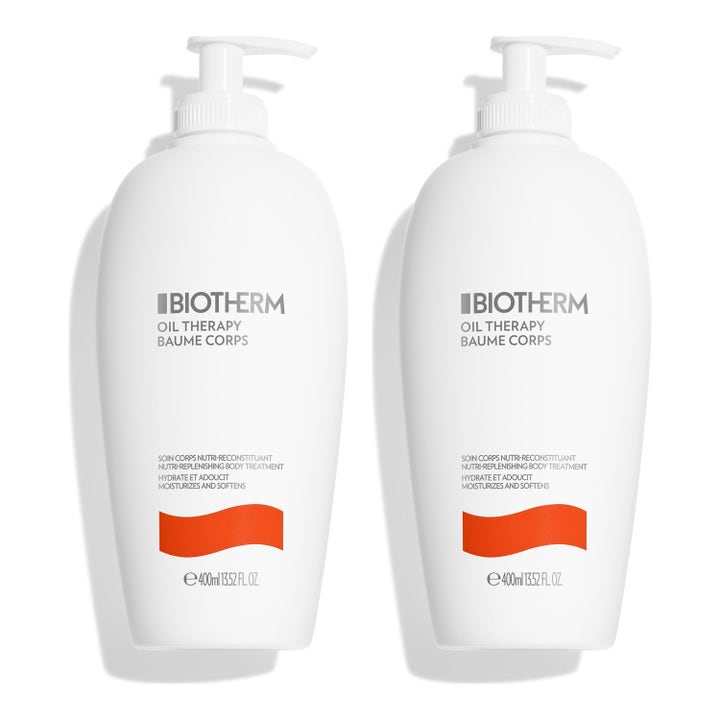 Biotherm Oil Therapy Baume Corps 2x400ml pehmentävä vartalovoide kahdessa valkoisessa oranssikuvioisessa pumppupullossa