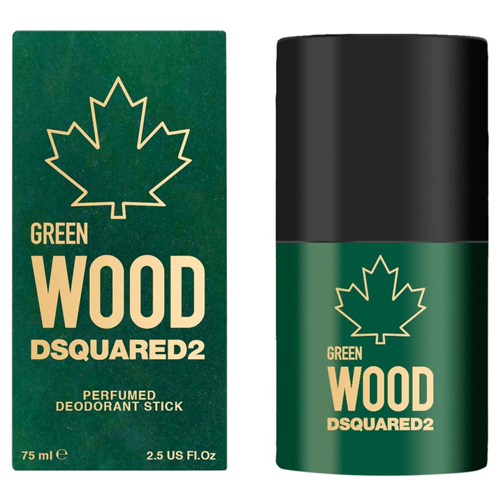 Dsquared2 Green Wood 75 ml deodoranttikku ja pakkaus vihreällä vaahteranlehtikuviolla.