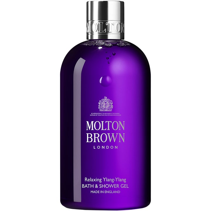 Molton Brown Relaxing Ylang-Ylang 300 ml rauhoittava suihkugeeli liilassa muovipullossa hopeisella korkilla.