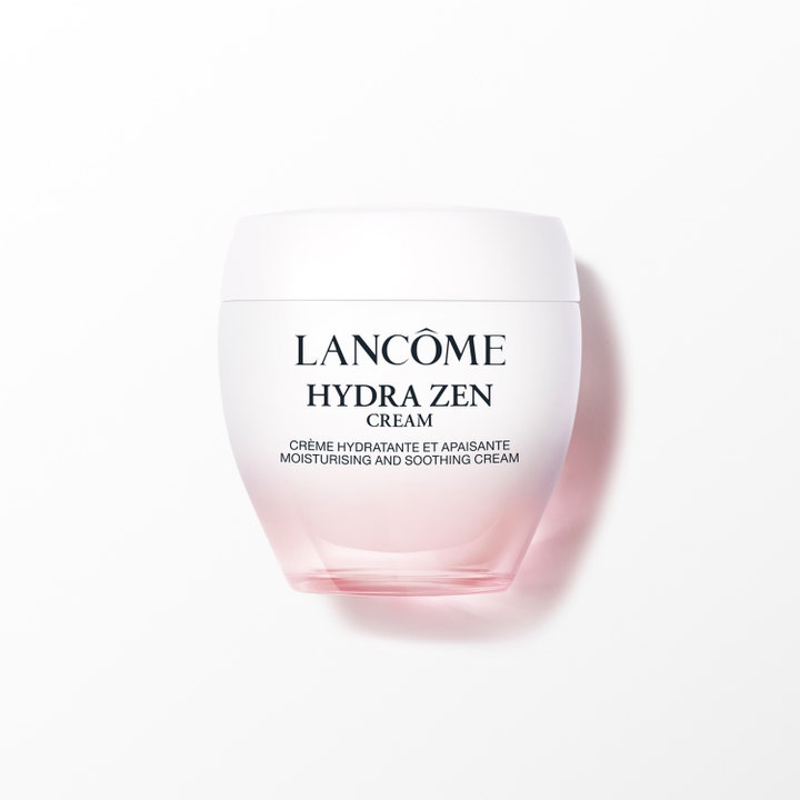 Lancôme Hydra Zen Cream 50 ml kosteuttava kasvovoide vaaleanpunaisessa liukuvärjätyssä lasipurkissa valkoisella korkilla.