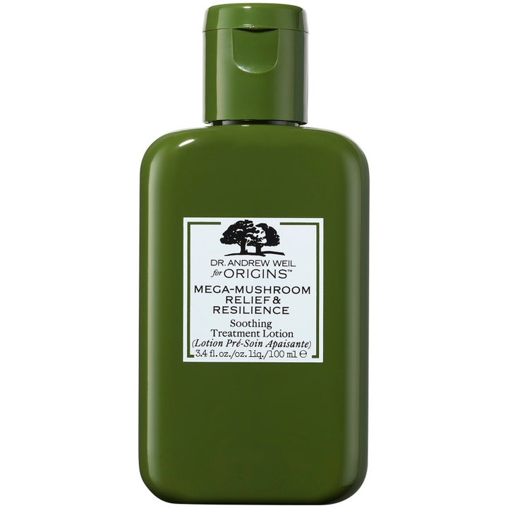 Origins Mega-Mushroom Relief & Resilience 100 ml rauhoittava hoitoneste tummanvihreässä muovipullossa valkoisella etiketillä.