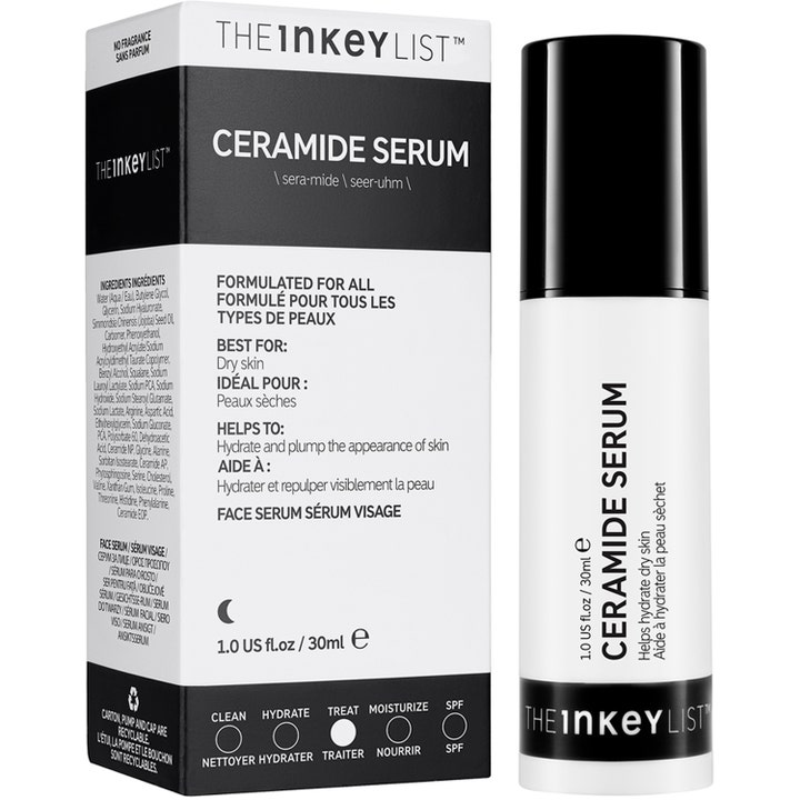The INKEY List Ceramide Serum 30 ml kosteuttava kasvoseerumi kuivalle iholle mustavalkoisessa pumppupullossa
