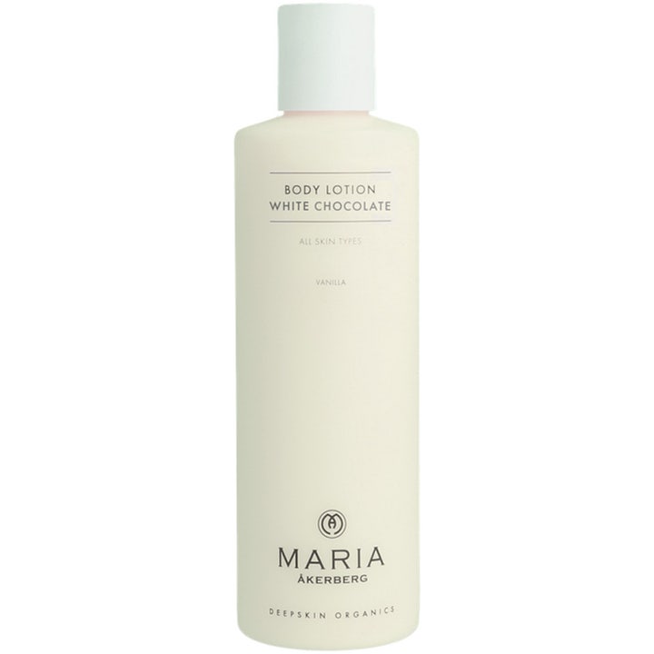 Maria Åkerberg Body Lotion White Chocolate 250 ml kosteuttava vartalovoide vaaleassa pullossa valkoisella korkilla