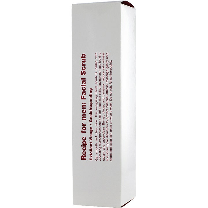 Recipe for men Facial Scrub 100 ml kirkastava kasvokuorinta valkoisessa pahvisessa ulkopakkauksessa.