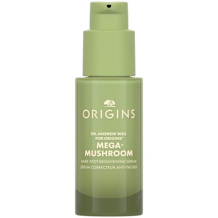 Origins Mega-Mushroom Dark Spot Brightening Serum kirkastava seerumi vihreässä pumppupullossa häivyttää pigmenttiläiskiä.