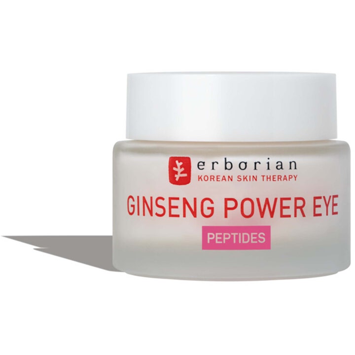 Erborian Ginseng Power Eye silmänympärysvoide peptidit vahvistavat ihoa huurretussa lasipurkissa valkoisella kannella