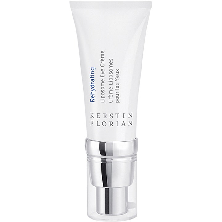 Kerstin Florian Rehydrating Liposome Eye Crème kosteuttava silmänympärysvoide valkoisessa tuubissa hopeisella pumpulla
