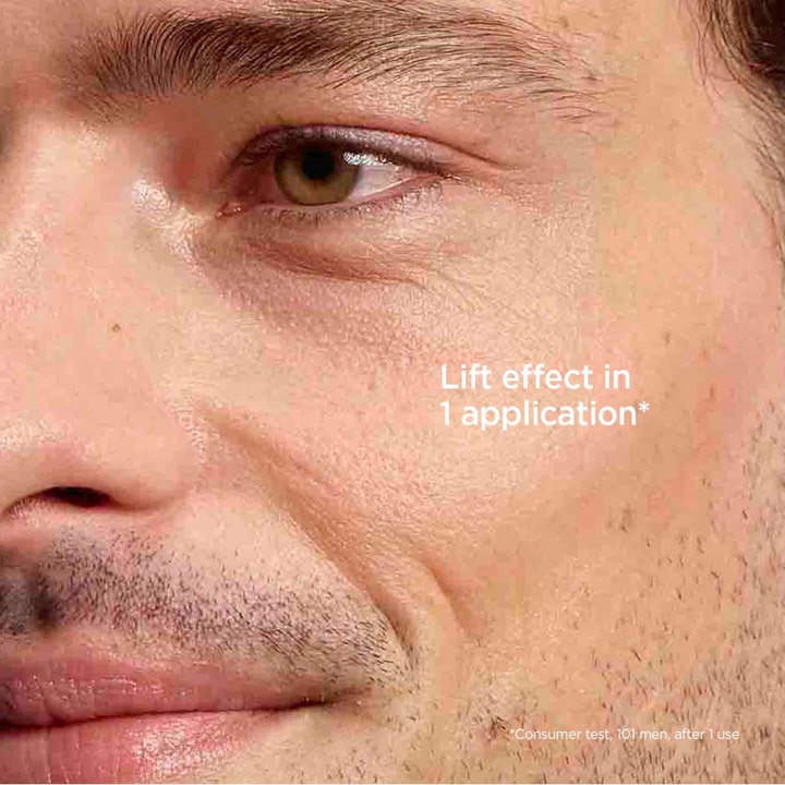 Clarins Men Wrinkle-Smoothing & Firming Care 50 ml silottava kasvovoide ja lähikuva miehen kasvoista Lift effect -tekstillä.