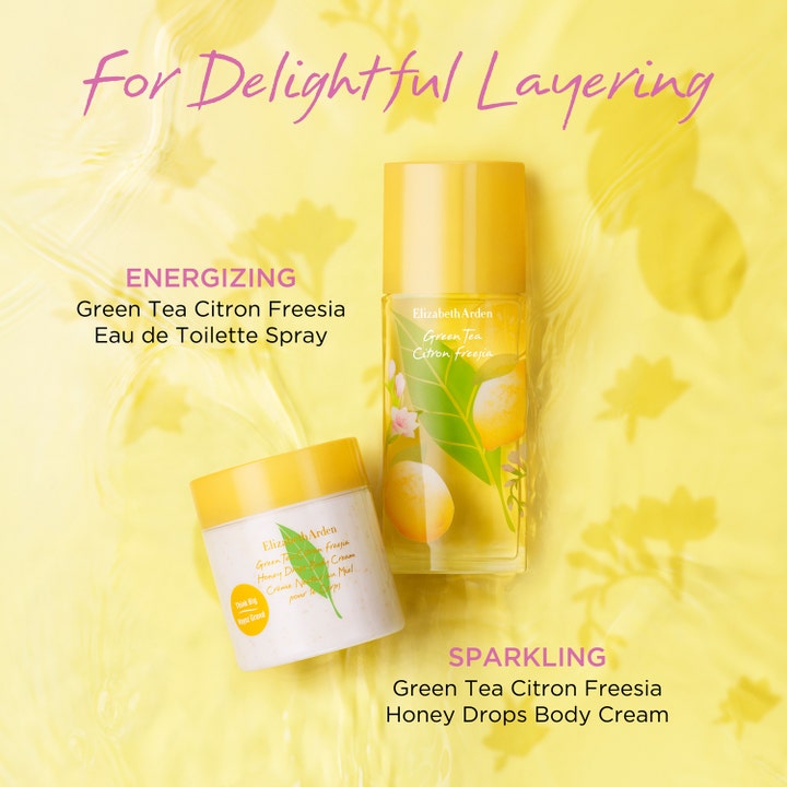 Elizabeth Arden Green Tea Citron Freesia Honey Drops Body Cream 500 ml kosteuttava vartalovoide keltaisella taustalla.