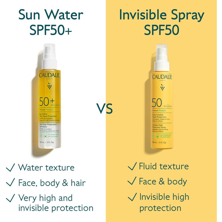 Caudalie Vinosun High Protection Spray SPF50 150 ml aurinkosuoja vertailukuvassa keltaisessa spraypullossa.