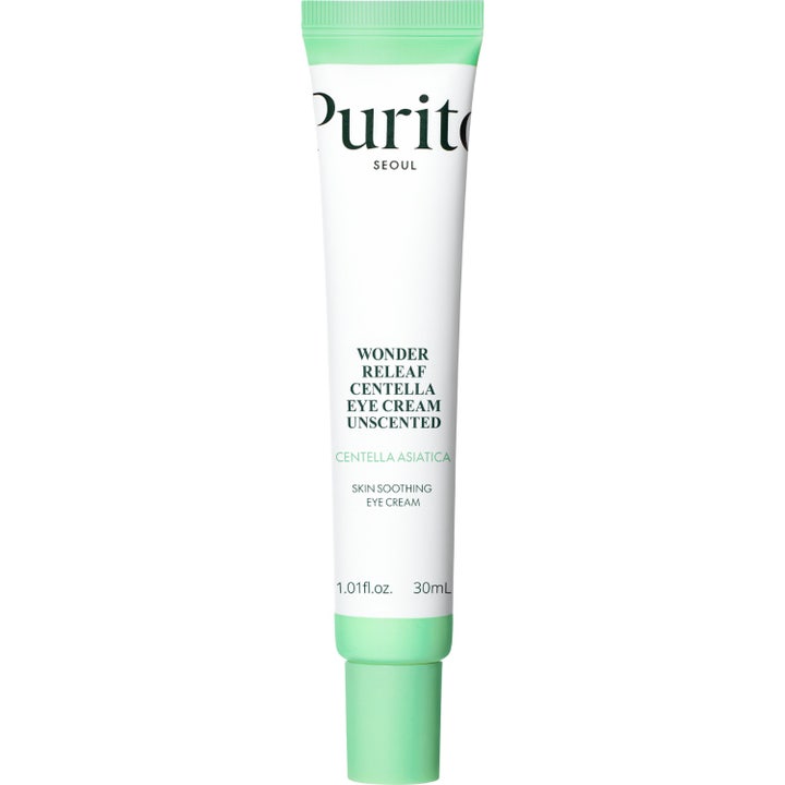 Purito SEOUL Wonder Releaf Centella Eye Cream Unscented 30 ml rauhoittava silmänympärysvoide valkoisessa tuubissa.
