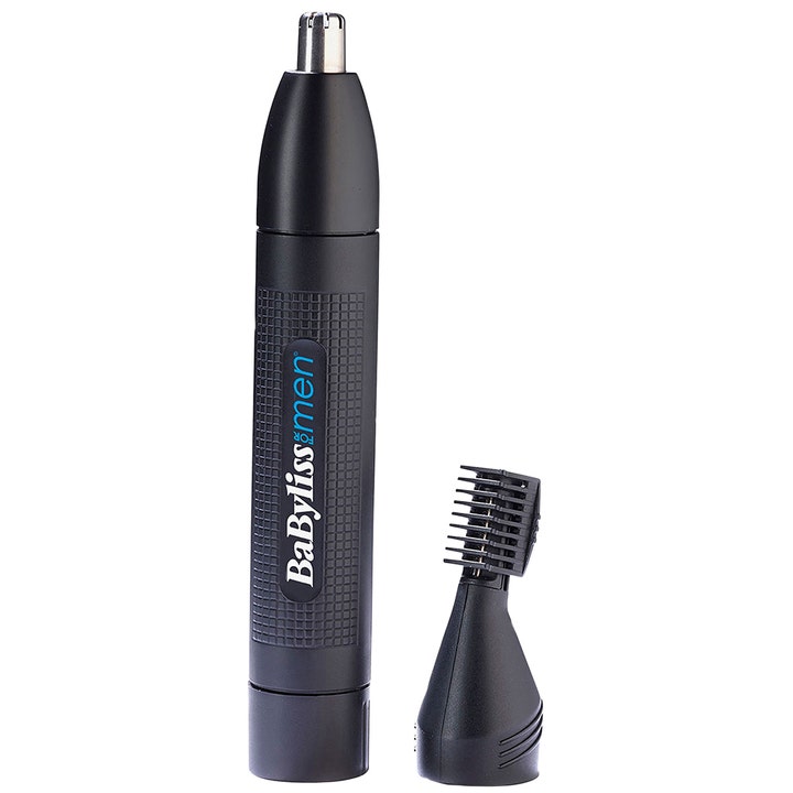 BaByliss Men nenä- ja korvakarvatrimmeri tarkkaan ajoon sisältää mustan trimmerin ja erillisen kampaosan.