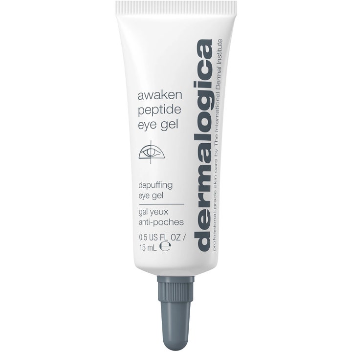 Dermalogica Awaken Peptide Eye Gel 15 ml turvotusta laskeva silmänympärysgeeli valkoisessa tuubissa harmaalla korkilla.